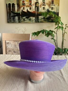 Elegant Purple Wide-Brim Hat with White Iridescent Rhinestone Floral Band